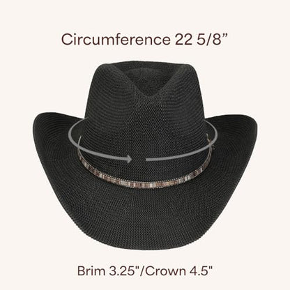 C.C Knitted Cowboy Hat for Women Lightweight Woven Western Hat with Multicolor Trim Band, Wide Brim Summer Sun Hat - color: Black
