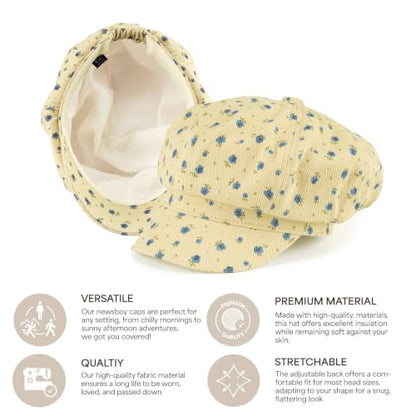 C.C Knitted Newsboy Cap for Women – Soft Knit Hat with Adjustable Velcro, Lightweight Warm Winter Style - color: Cotton Flower-beige