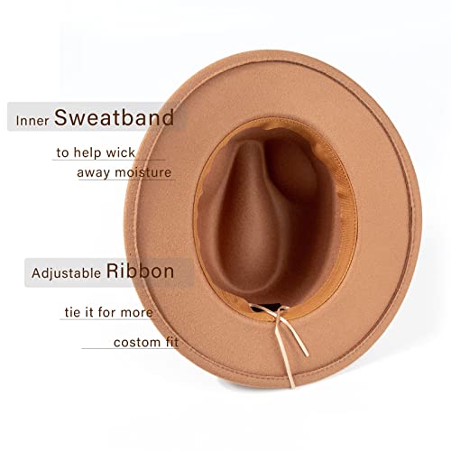 DRESHOW Women Classic Felt Fedora Wide Brim Floppy with Belt Buckle Panama Hat - color: Khaki (Khaki Belt)