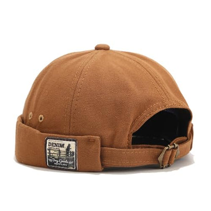 Men Docker Cap Brimless Skullcap Sailor Cap Rolled Cuff Retro Beanie Hat with Adjustable - color: Khaki