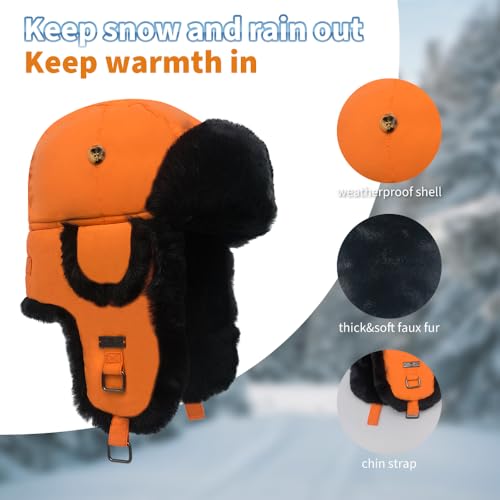 Fur Winter Trapper Hat,Unisex Taslon Faux Fur Aviator Ski Trapper Trooper Pilot Hat,Snow Eskimo Hat with Ear Flaps - color: Orange, size: Small-Medium