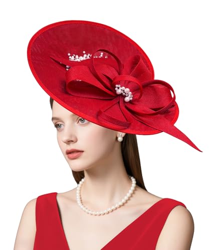 dressfan Vintage Fascinator Hats for Women,Linen Pearl Fascinator for Derby Church Wedding Tea Party - color: Red
