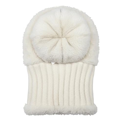 HUAMULAN Women Winter Knit Beanie Hats One Piece Fleece Lined Balaclavas - color: Cream White + Faux Fur