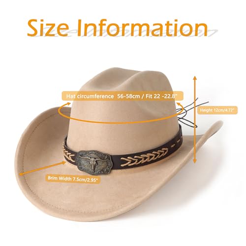 Western Cowboy Hat for Women Men Retro Suede Hat - color: Camel-square Bull Buckle