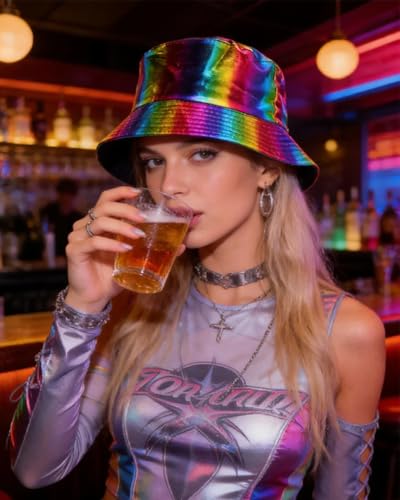 BOLLEY JOSS Unisex Holographic Bucket Hat Reversible Double-Side-Wear Bucket Hat Waterproof Outdoor Travel Sunhat Punk Hats - color: Rainbow, size: Medium
