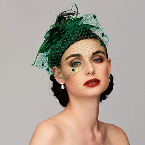 Tea Party Hat Fascinators Hats for Women Vintage Lace Mesh Floral Feather Hair Clip Headband with Veil for Church Wedding - color: Green