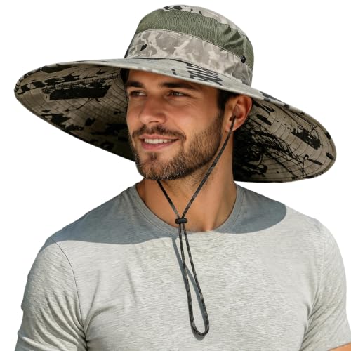 Wide Brim Sun Hat for Men Women UV Protection Bucket Fishing Hats - color: Khaki Ink Wash