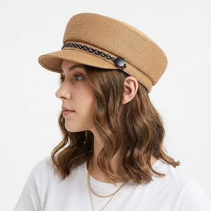 Women's Polyester Straw Newsboy Cap, Gatsby Ivy Style Visor Beach Hat, Adjustable - color: Khaki