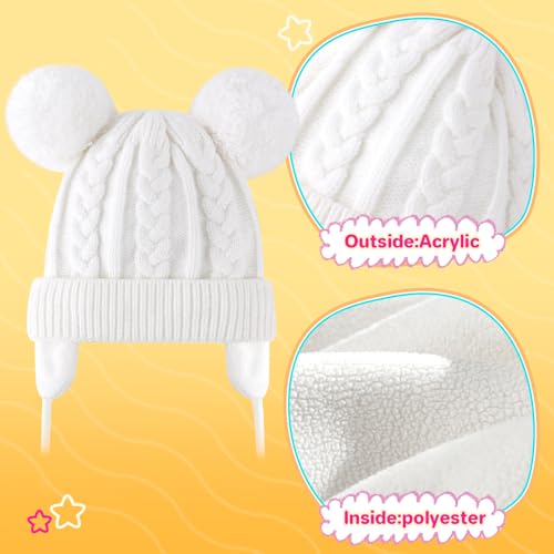 Duoyeree Toddler Winter Hat, Earflap Double Pom Pom Knit Beanie 0-36M - color: 1-white, size: 0-6 Months