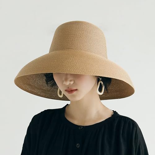 Women's Floppy Wide Brim Summer Beach Straw Hat UPF 50+ Sun Hat - color: Khaki