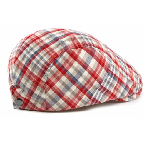 Mens Plaid Newsboy Flat Cap Ivy Gatsby Driving Hunting Cabbie Hat - color: Red-plaid D
