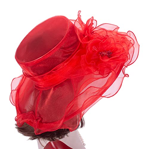 Lawliet Womens Dressy Wide Brim Church Wedding Occasion Sun Hat A613 - color: Red