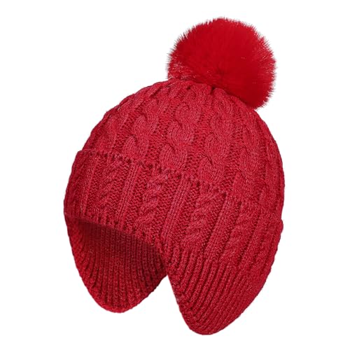 Toddler Baby Winter Hat with Earflap Kids Warm Twisted Knit Hat Infant Pom Pom Beanie Ski Cap for Baby Girls Boys - color: Red, size: 2-6 Years