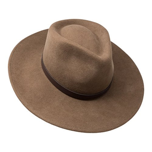 B&S Premium Lewis - Wide Brim Fedora Hat - 100% Wool Felt - Water Resistant - Leather Band - color: Light Brown, size: 7-7 1/8