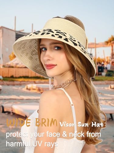 sy soul young Women's Straw Hat with Ponytail Hole Wide Brim Visor Sunhat - color: Beige With Leopard 2