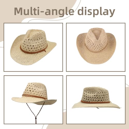 Women/Men Straw Cowboy Hat Wide Brim Sun Beach Cowgirl Hat Summer Western Cowboy for Travel Outdoor Family - color: Beige
