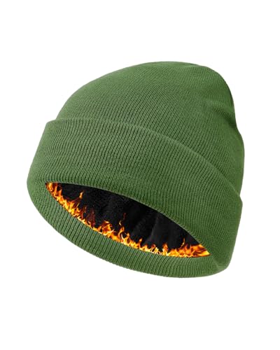 Century Star Men's Fleece-Lined Beanie Winter Knit Hat - Stretchable, Warm, Windproof, Unisex Cuffed Ski Cap for Sports - color: Amy Green