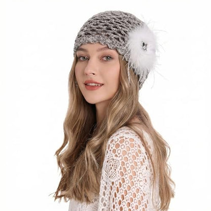 ZLYC Women Crochet Beanie Hat Summer Handmade Knit Decorated Skull Cap - color: Feather White Mixed Gray