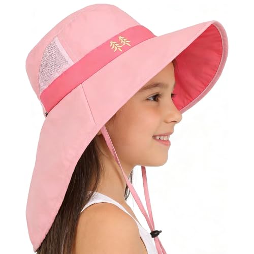 Kids Sun Hats UPF 50+ Sun Protection Hat for Kids with Neck Flap Adjustable Large Brim Beach Fishing Hat for Age 3-12 - color: Pink-08
