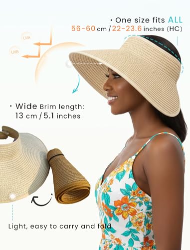 CHUNG Women Straw Sun Visors Wide Brim Ladies Beach Hat Open Top Ponytail Packable Vacation Summer Travel - color: E-beige