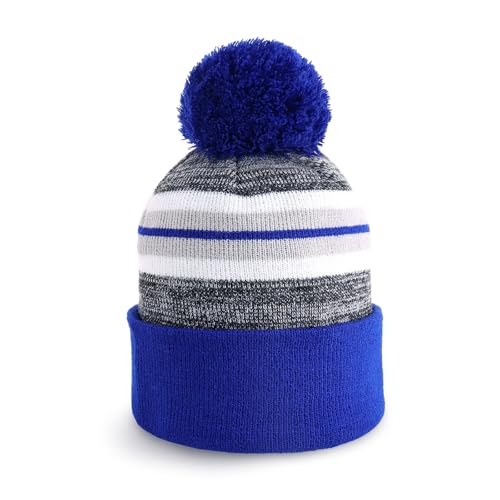 Pom Pom Beanie Cuffed Knit Winter Hat Skull Cap Striped Novelty Men Women - color: (Royal)