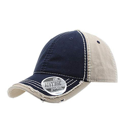 Washed Cotton Distressed with Heavy Stitching Adjustable Baseball Cap - color: Navy/Navy/Khaki