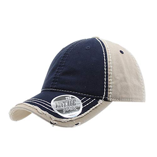 Washed Cotton Distressed with Heavy Stitching Adjustable Baseball Cap - color: Navy/Navy/Khaki