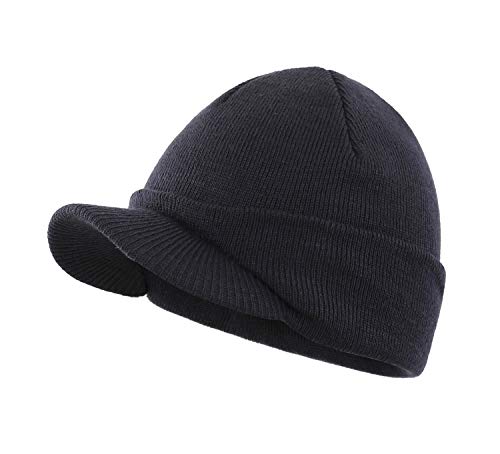 Home Prefer Men's Winter Beanie Hat with Brim Warm Double Knit Cuff Beanie Cap Watch Radar Hat - color: Navy Blue