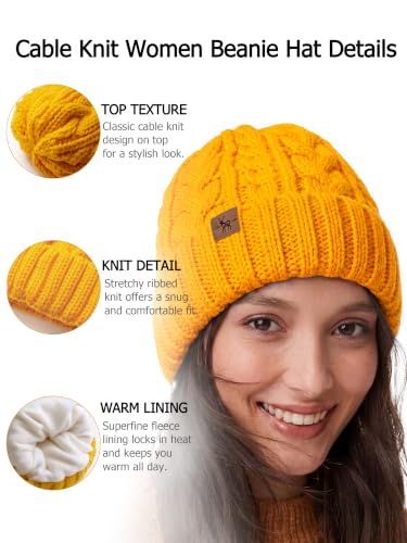 Winter Hats for Women Cable Knit Chunky Skull Cap Fleece Lined Thick Fold Cuff Beanie hat - color: Ginger, style: Wheat Spike