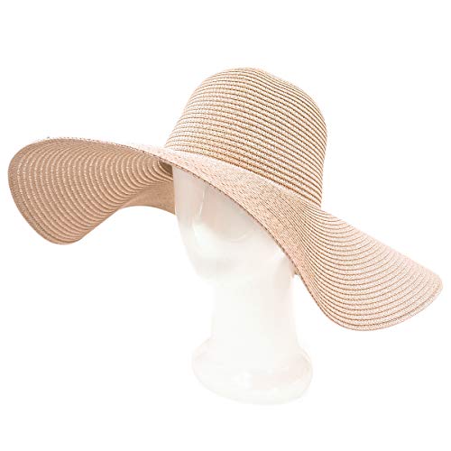 Womens 5.75" Wide Brim Foldable UPF50 Floppy Summer Straw Hat Sun Beach Hat - color: Pale Pink