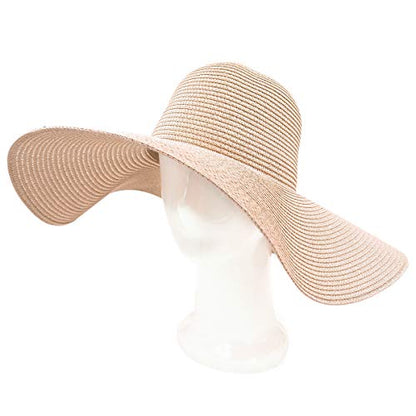 Womens 5.75" Wide Brim Foldable UPF50 Floppy Summer Straw Hat Sun Beach Hat - color: Pale Pink