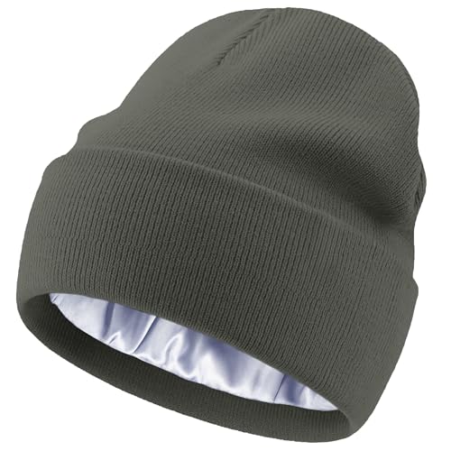 Satin Lined Knit Beanie Hat-100% Cotton Winter Hats for Women Men - color: 1-grayish Green