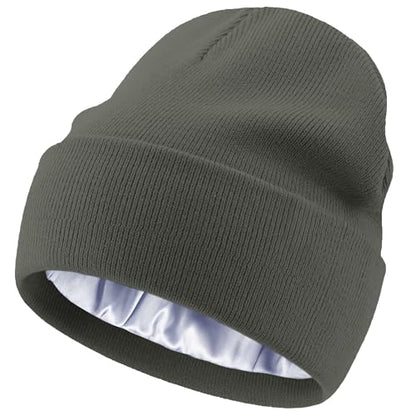 Satin Lined Knit Beanie Hat-100% Cotton Winter Hats for Women Men - color: 1-grayish Green