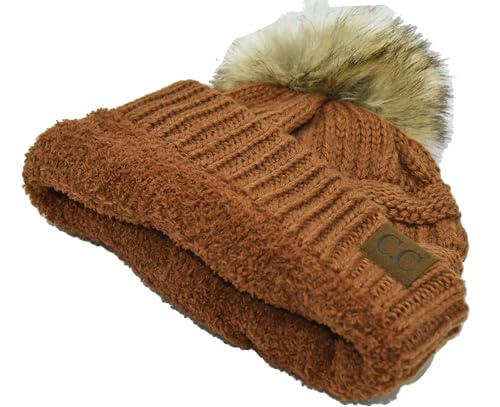 C.C Trendy Fuzzy Fleece Lined Warm Comfortable Soft Stretch Cable Knit Ribbed Faux Fur Pom Pom Beanie Hat - color: Bright Clay