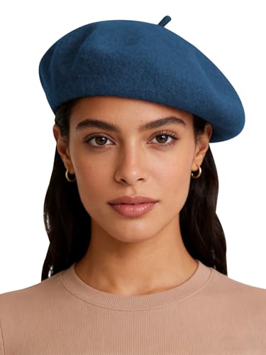 Sumolux Women Beret Hat Wool Vintage French Solid Color Classic Winter Cap - color: Blue B