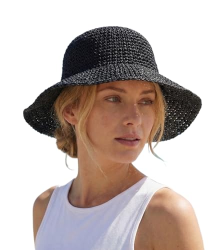 Straw Beach Hats for Women Summer Wide Brim Floppy Packable Foldable Bucket Sun Hat Travel Vacation UV Protection - color: Black