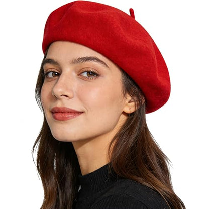 Women French Beret Hat Solid Artist Hat Wool Beret Winter Warm Beanie Cap - color: Red