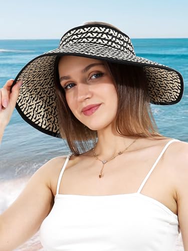 sy soul young Women's Straw Hat with Ponytail Hole Wide Brim Visor Sunhat - color: Beige & Coffee