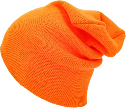 KBETHOS Made in USA Classic Men's Women's Cuffed Folded Acrylic Knit Beanie Hat Solid Unisex Cold - color: Neon Orange Solid Long Beanie