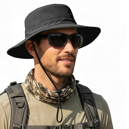 Men Breathable Adjustable Safari Boonie Hat - color: Black