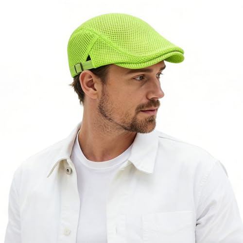 Xinveen Men's Mesh Cap Breathable Summer Newsboy Hat Adjustable Beret Ivy Cap Irish Cabbie Driving Hunting Hats - color: Electric Green