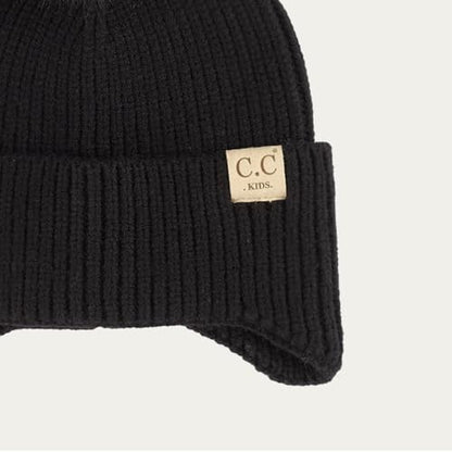 C.C Kids Ear Flap Fur Pom Beanie for Boys Girls - Comfortable Soft Warm Children Youth Knit Skully Hat with Faux Fur Pom - color: Black