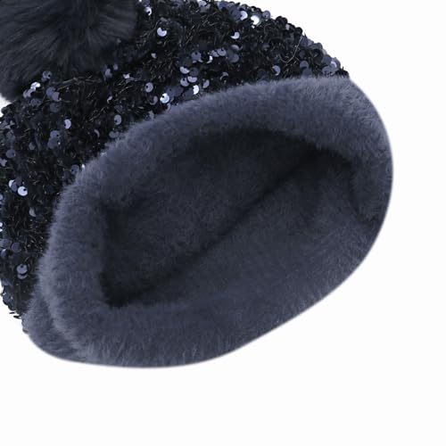 Women Sparkly Sequins Knitted Beanie Hat Warm Winter Skull Cap with Faux Fur Pom Pom - color: Dark Blue