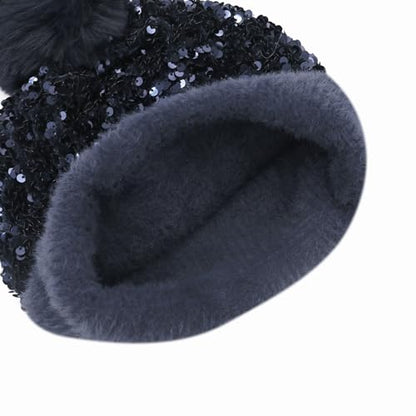 Women Sparkly Sequins Knitted Beanie Hat Warm Winter Skull Cap with Faux Fur Pom Pom - color: Dark Blue
