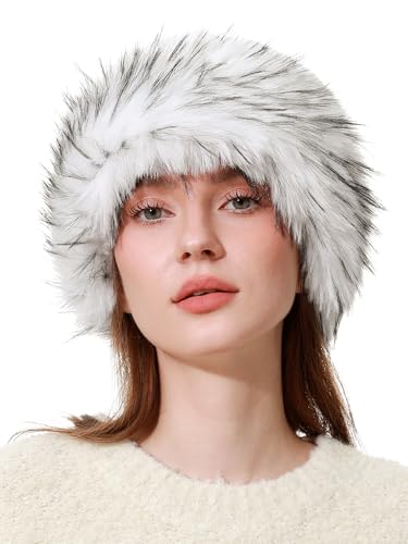 sy soul young Women's Leopard Faux Fur Hats Fluffy Bucket Hat Russian Style - color: White and Black Tips