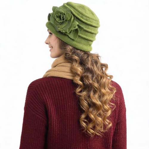 Vintage Women Floral Wool Dress Cloche Winter Hat 1920s - color: C022-d-green