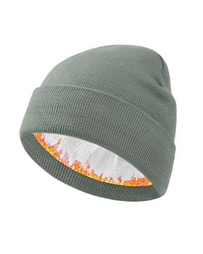 Century Star Men's Fleece-Lined Beanie Winter Knit Hat - Stretchable, Warm, Windproof, Unisex Cuffed Ski Cap for Sports - color: Light Grey