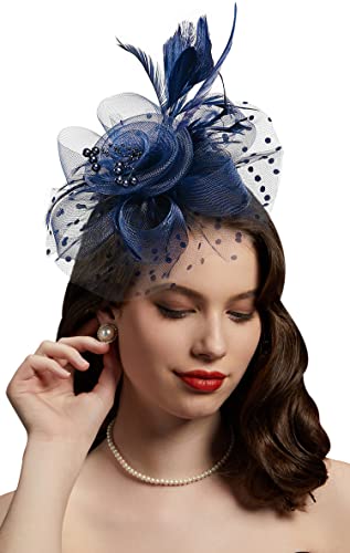 Fascinators Hat for Women Tea Party Headband Kentucky Derby Wedding Flower Cocktail Mesh Feathers Hair Clip - color: 1-d.blue