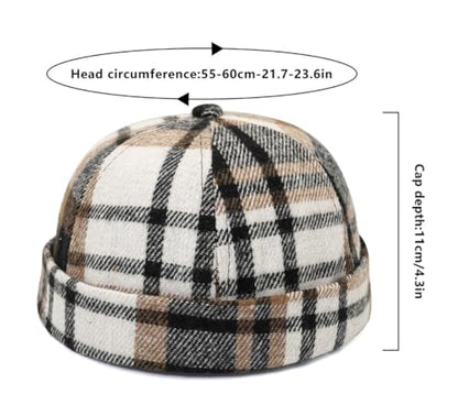 DIYDECAL Striped Plaid Brimless Worker Cap,Retro Skullcap Docker Hat for Men Womens - color: Coffee