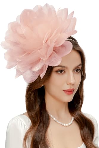 BABEYOND Fascinators Hats for Women Large Tea Party Mesh Flower Derby Hat - color: Pink, size: Small